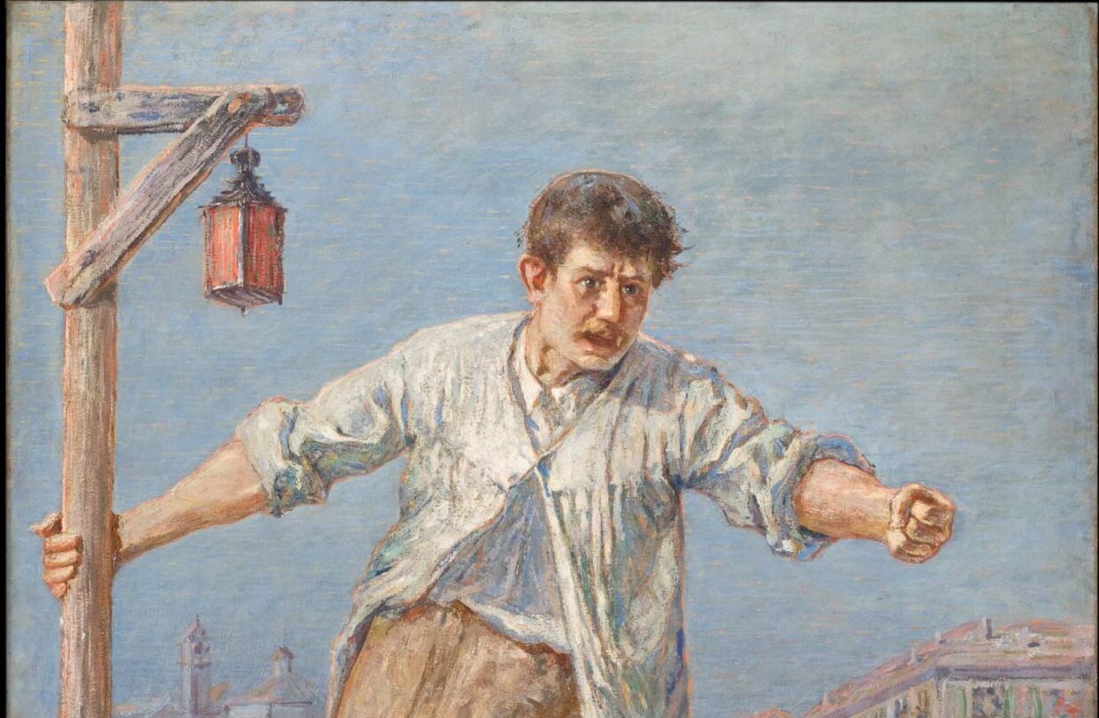 Emilio Longoni, "L’oratore dello sciopero", 1890-1891. Oil on canvas; 76 x 52 ¾ in (193 x 134 cm) Banca di Credito Cooperativo, Barlassina (Italy).