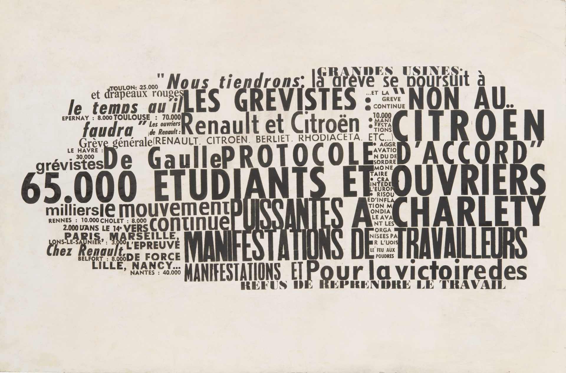 Nanni Balestrini, '65000 Ètudiants', 1972. Mixed media on panel. Collezione Emilio Mazzoli, Modena